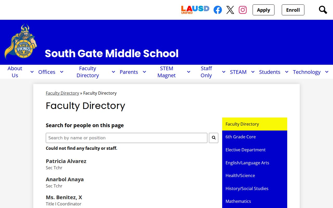 South Gate people directories Middle School faculty page